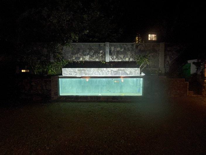 Outdoor koi fish tank built by TMEP Engineering, illuminated at night